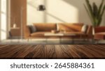 Tabletop scene with sharp wooden surface and blurred modern living room in the background. Ideal for lifestyle mockups.