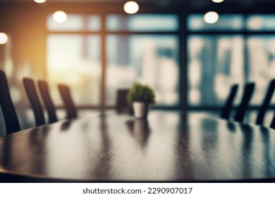 Table-top view on empty spacious meeting table for product display on blurred conference room background. Wooden table in the boardroom in corporate environment for. Flawless