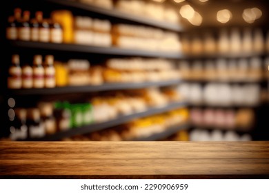 Tabletop view on modern product display in grocery or department store with wooden table and blurred backdrop for advertising and promotion on table showcase. Flawless - Shutterstock ID 2290906959