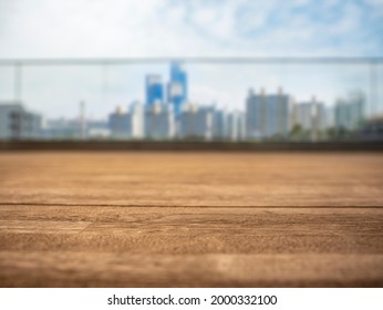 Tabletop Wooden Counter Rooftop Bar Blur Cityscape Background