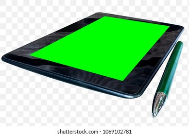 Tablets computer with pre-keyed green screen and pen green isolated on transparent texture,With have clipping path