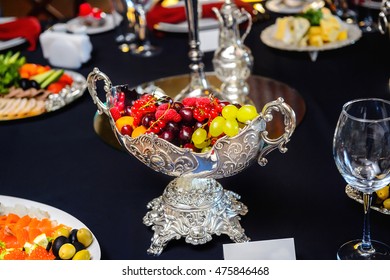 tableware, dishes with fruit on the table