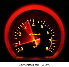 Tachometer of a 350Z, revved.