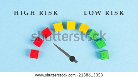 Tachometer high and low risk, pointer is showing to the red risky scale, financial credit and business score
