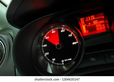 Tachometer Reaching The Red Zone, Sports Car Inside