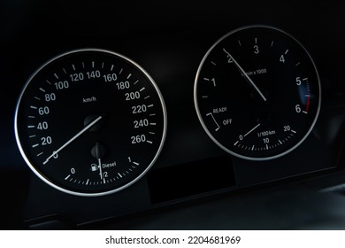 Tachometer Or Revolution Counter, RPM Gauge With Needle On Car Dashboard.