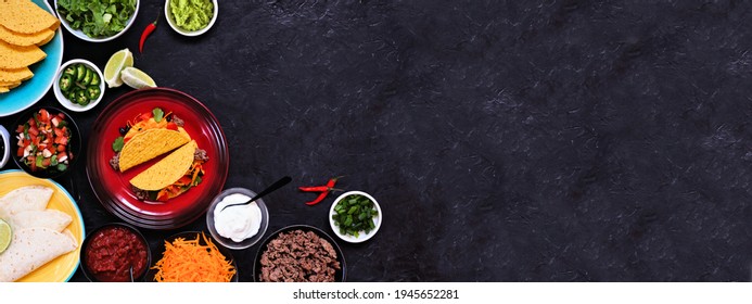 Taco Bar Corner Border With An Assortment Of Ingredients. Top View On A Dark Slate Banner Background. Mexican Food Buffet. Copy Space.