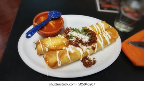 Taco Norteno And Tortilla Soup. Mexican Food Dinner Plate.