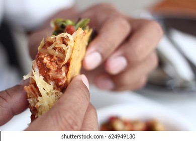 Taco On Hispanic Food, A Man Enjoy Eating Taco