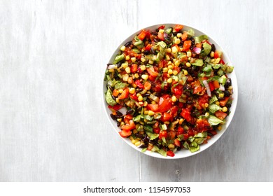 Taco Salad On White Wooden Table With Copy Space, Top View