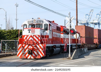 Tacoma, WA, USA - April 23, 2022; Pair Of Tacoma Rail Locomotives Working At The Port Of Tacoma Moving Intermodal Containers