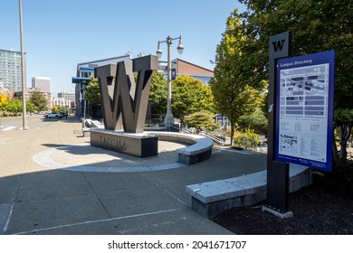 Tacoma, WA USA - circa August 2021: View of the large W in front of the University of Washington Tacoma campus downtown.