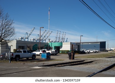 Tacoma, Washington, USA - 3/19/2019 Port Of Tacoma Operations Cranes Trucks Rail