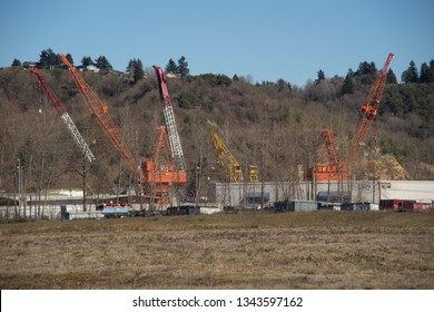 Tacoma, Washington, USA - 3/19/2019 Port Of Tacoma Operations Cranes Trucks Rail