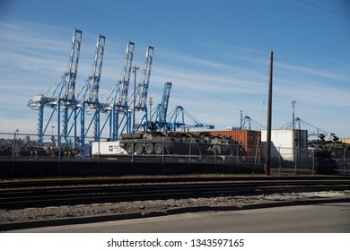 Tacoma, Washington, USA - 3/19/2019 Port Of Tacoma Operations Cranes Trucks Rail