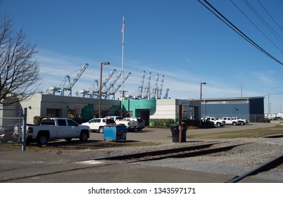 Tacoma, Washington, USA - 3/19/2019 Port Of Tacoma Operations Cranes Trucks Rail