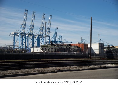 Tacoma, Washington, USA - 3/19/2019 Port Of Tacoma Operations Cranes Trucks Rail