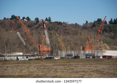 Tacoma, Washington, USA - 3/19/2019 Port Of Tacoma Operations Cranes Trucks Rail