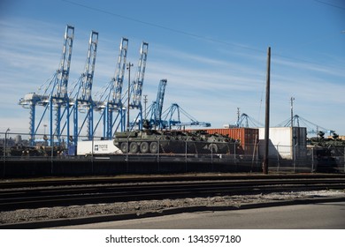 Tacoma, Washington, USA - 3/19/2019 Port Of Tacoma Operations Cranes Trucks Rail