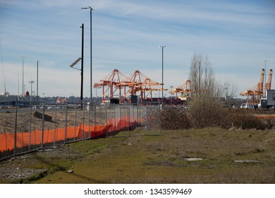 Tacoma, Washington, USA - 3/19/2019 Port Of Tacoma Operations Cranes Trucks Rail