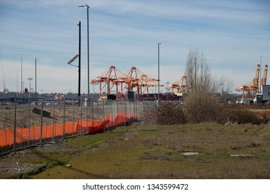 Tacoma, Washington, USA - 3/19/2019 Port Of Tacoma Operations Cranes Trucks Rail