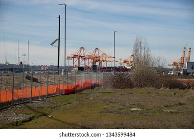 Tacoma, Washington, USA - 3/19/2019 Port Of Tacoma Operations Cranes Trucks Rail