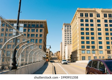 Tacoma, Washington, USA. April 2021. Buildings And Road Leading To The Seaport