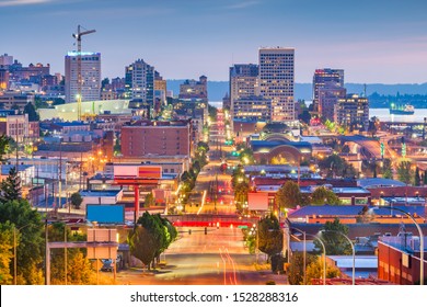 Tacoma, Washington, USA cityscape over Pacific Ave at twilight.