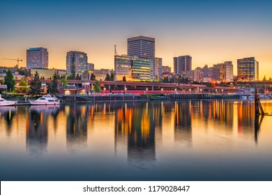Tacoma, Washington, USA downtown skyline at dusk on Commencement Bay.