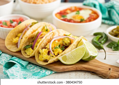 Tacos with  eggs for breakfast and variety of mexican dishes