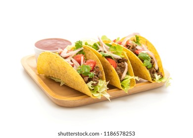 Tacos With Meat And Vegetables Isolated On White Background -  Mexican Food Style