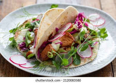 Tacos With Salmon, Pickled Red Cabbage, Wasabi Mayo And Pea Shoots