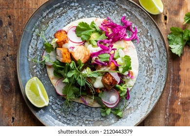 Tacos With Salmon, Pickled Red Cabbage, Wasabi Mayo And Pea Shoots