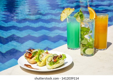 Tacos Served With Healthy Detox Drinks Next To The Pool. Delicious And Healthy Summer Snack.