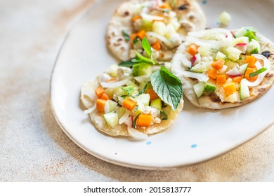 Tacos Vegetable Stuffed Flatbread Doner Kebab Pita Meal Snack On The Table Copy Space Food Background Rustic. Top View Keto Or Paleo Diet Veggie Vegan Or Vegetarian Food