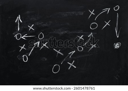 Tactic plan. Hand drawn arrows as strategy scheme sketch, isolated on on the black chalkboard. Business or sport succes concept.