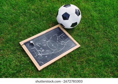 Tactic plan, soccer ball and referee whistle. Hand drawn strategy scheme sketch, isolated on on the black chalkboard.