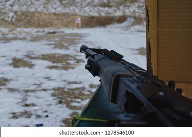 A Tactical Ak47 Sitting And Waiting For The Targets At The Old Shooting Range. 