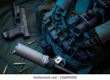 Tactical Equipment And Weapons Close-up.