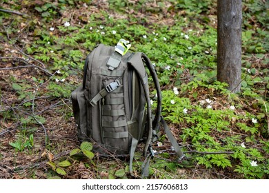 Tactical Military Bag On The Ground In The Forest. Backpack For Hiking And Hunting. Army Bag On Green Grass Background Near Tree And Flowers. Camouflage Backpack Suitable For The Forest.