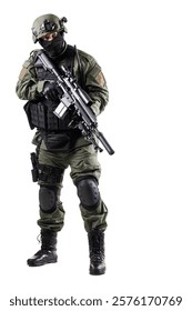 Tactical officer in green uniform and protective equipment, armed with a firearm, standing ready for action, representing security, authority, and readiness in high-risk scenarios.