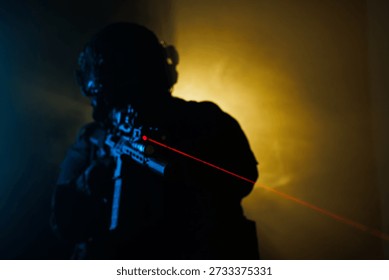 A tactical operator under dramatic lighting, holding a firearm with a vivid red laser beam, creating a sense of intensity and focus in a night operation or strategic training atmosphere.