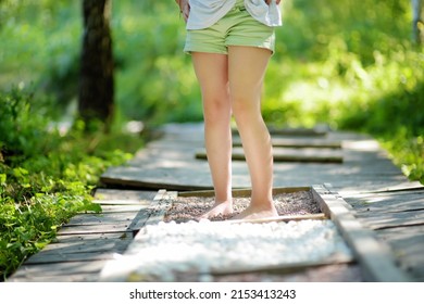 Tactile path in barefoot park created to feel the ground and other materials with bare feet. Strengthen foot and leg muscles by walking on wood, stone, gravel, sand in a park environment. - Shutterstock ID 2153413243