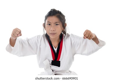 Tae Kwon Do Asian Girl On White Background