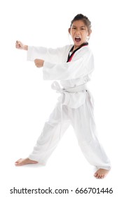 Tae Kwon Do Asian Girl On White Background