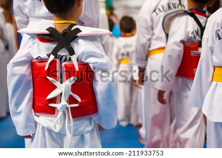 Taekwondo athletes with with uniform and red armour