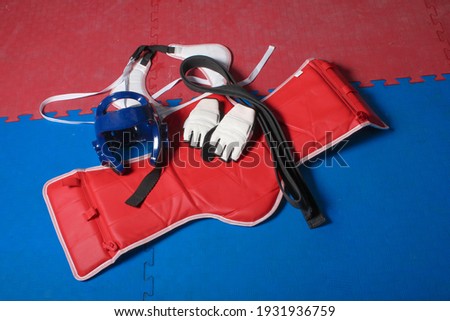 Taekwondo blue and red protection, black belt uniform