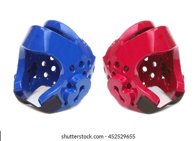 Taekwondo Head Guard In Blue And Red Color Isolated