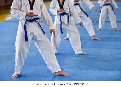 Taekwondo kids. Boys athletes in taekwondo uniforms with blue belts during a taekwondo tournament.