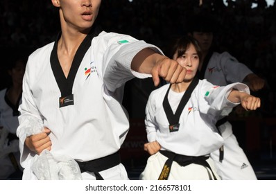 Taekwondo Punch, Fist Close Up Of Athlete Taekwondo Team Demonstration During Performance. World Taekwondo Championship, Rome, Italy, June 4 2022